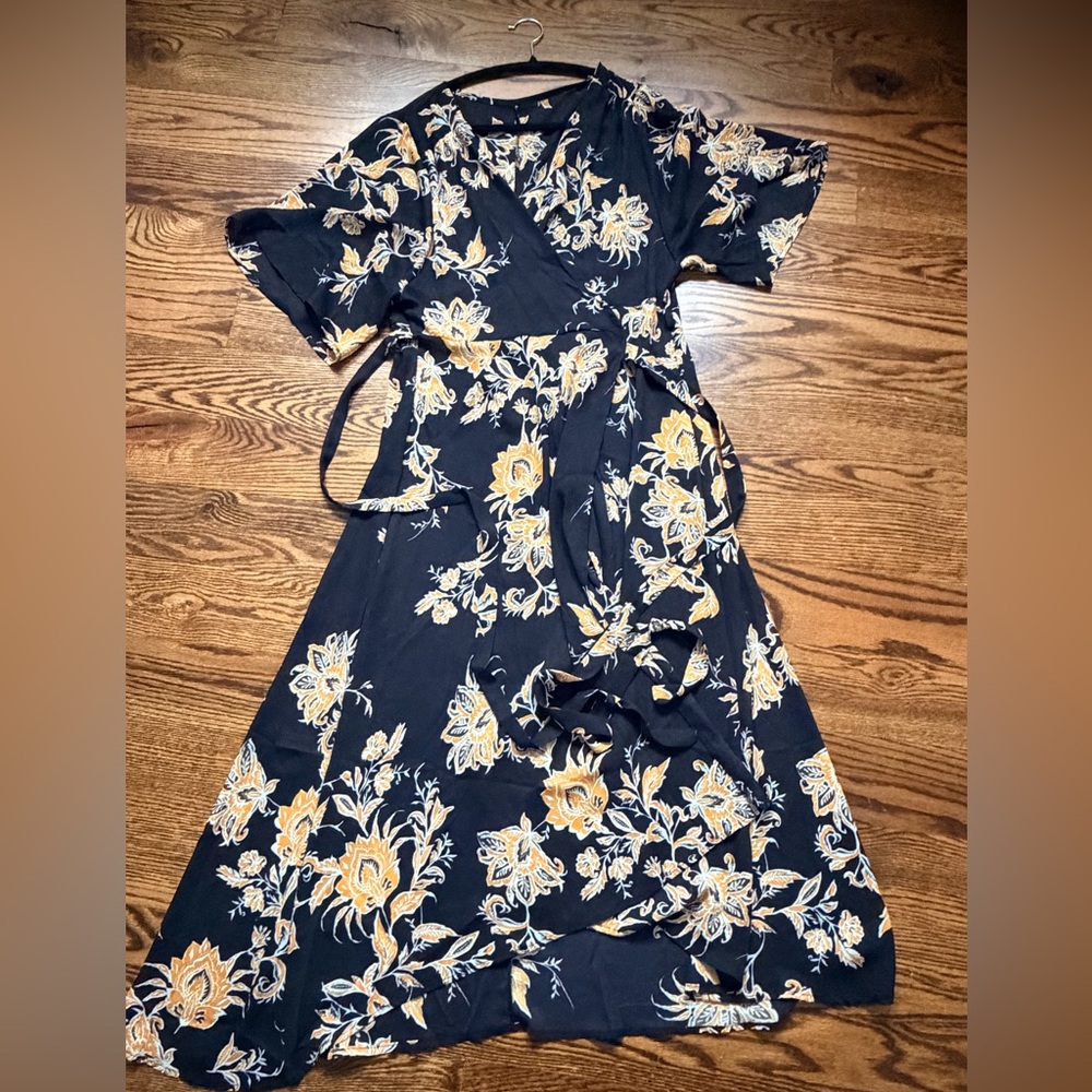 Floral Black and Orange Wrap Dress